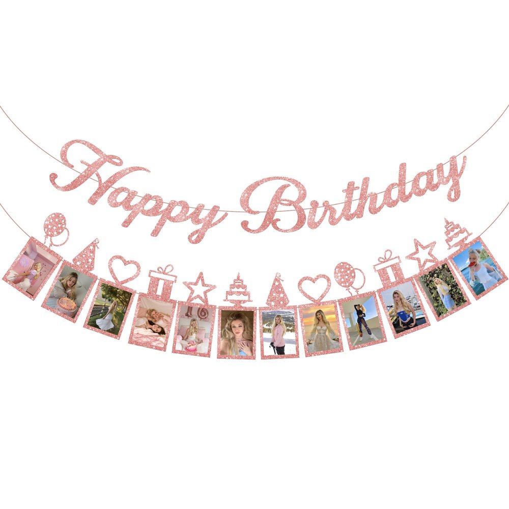KatchOn, Glitter Rose Gold Happy Birthday Photo Banner - Prestrung, 10 Feet | Bday Picture Banner Decoration for Happy Birthday Decorations | Rose Gold Party Decorations