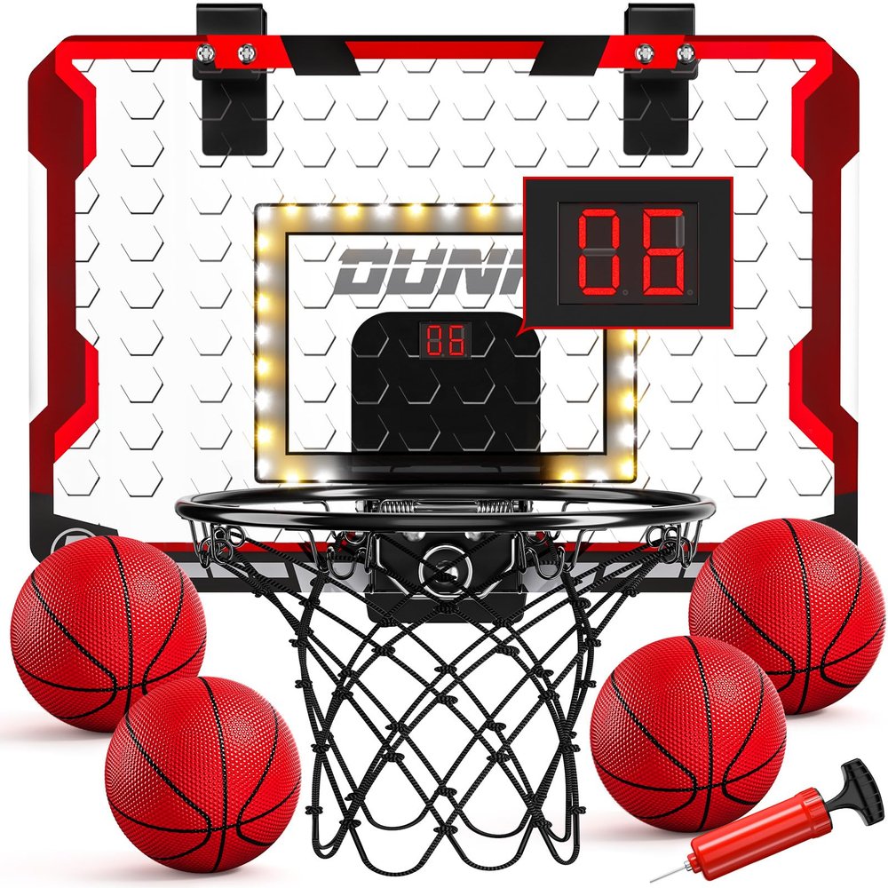 TEMI Basketball Hoop Indoor, LED Light Mini Basketball Hoop with 4 Balls & Electronic Scoreboard, Over The Door Basketball Hoop, Basketball Gifts for 5 6 7 8 9 10 11 12 Year Old Boys Girls Kids Teen