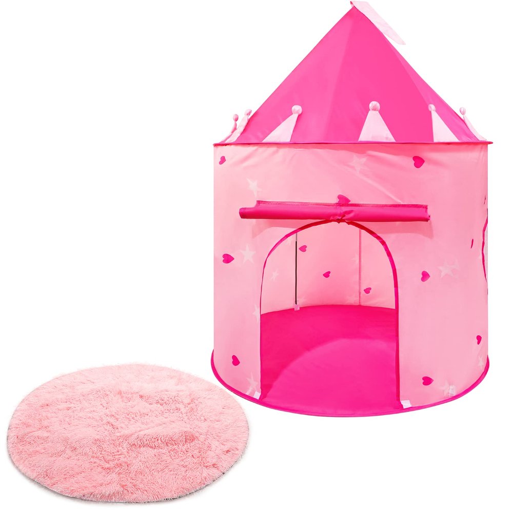 Woanger Princess Castle Play Tent Round Shaggy Area Rug Set Room Decor 39 x 39 Inch Circle Fluffy Plush Cute Rugs for Bedroom Foldable Tent for Kids Girls Indoor Outdoor Pet Living Room (Heart Style)