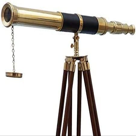 60 Inches Floor Standing Admirals Solid Brass Black Leather Marine Telescope, Nautical Home Decor Fully Functional Decorative Maritime Telescopes with Wooden Tripod Stand