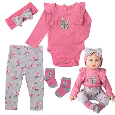 Reborn Baby Doll Clothes 20-22 Inch Girl 4 Pieces Set Premium Dolls Outfit Accessories Pretend Play Gift for Kids Pink Floral Design