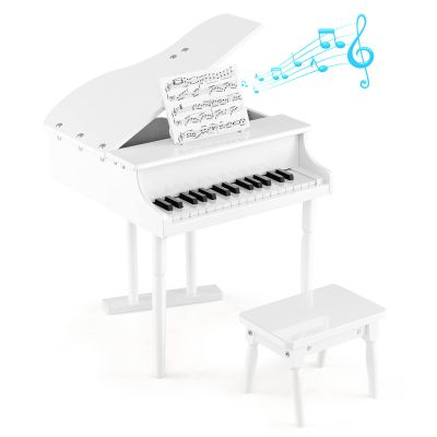 HONEY JOY Classical Kids Piano, 30-Key Mini Grand Piano with Music Stand and Bench, Wooden Musical Instrument Toy w/Lid & Music Rack, Gift for Boys Girls Ages 3+ (3 Straight Leg-White)