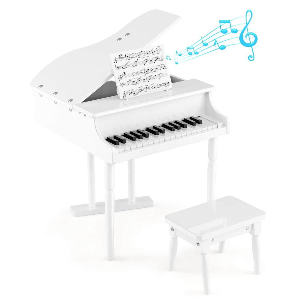 HONEY JOY Classical Kids Piano, 30-Key Mini Grand Piano with Music Stand and Bench, Wooden Musical Instrument Toy w/Lid & Music Rack, Gift for Boys Girls Ages 3+ (3 Straight Leg-White)