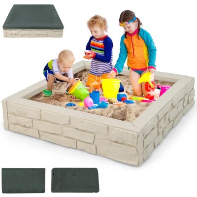 HONEY JOY Sandbox with Cover, 47 x 47 Inch Square Sand Pit for Backyard, Bottom Drainage Oxford Liner, HDPE Playful All Weather Resistant Sand Boxes for Kids Outdoor with Lid (White)