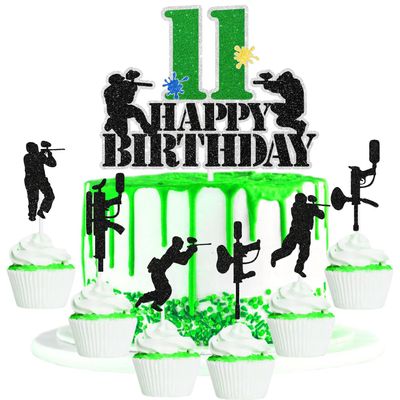 Paintball Cake Toppers 7 Piece Set Kids 11th Birthday Happy Shooting Game Decorations, Shooting Themed Birthday Party for Boys or Girls, War Military or Paintball Themed Party Decorations