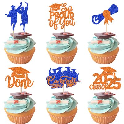 24 Pack Class of 2025 Cupcake Toppers Glitter Congrats 2025 Done Diploma Cupcake Picks for So Proud of You 2025 Graduation Theme Cake Decorations Party Supplies Orange Blue