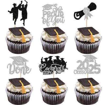 24 Pack 2025 Graduation Cupcake Toppers Glitter So Proud of You Cupcake Picks Diploma Done Congrats 2025 Cupcake Decorations for Class of 2025 Graduation Theme Party Supplies Silver Black