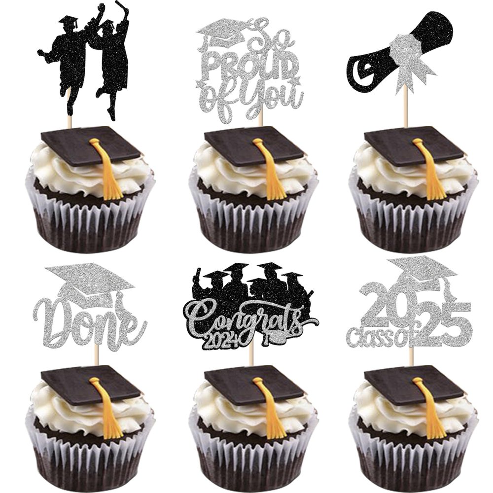24 Pack 2025 Graduation Cupcake Toppers Glitter So Proud of You Cupcake Picks Diploma Done Congrats 2025 Cupcake Decorations for Class of 2025 Graduation Theme Party Supplies Silver Black
