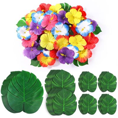 126Pcs Luau Party Decorations Supplies Tropical Palm Leaves Hibiscus Flowers Simulation Artificial Leaf for Hawaiian Luau Safari Parties Jungle Beach Theme BBQ Birthday Party Decorations Table Dcor