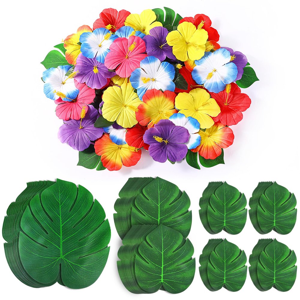 126Pcs Luau Party Decorations Supplies Tropical Palm Leaves Hibiscus Flowers Simulation Artificial Leaf for Hawaiian Luau Safari Parties Jungle Beach Theme BBQ Birthday Party Decorations Table Dcor