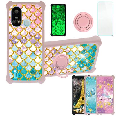 Case for vimoq a49 Play a631ls Case Compatible with vimoq a49 Play a631ls Phone Case Cover [with Tempered Glass Screen Protector][PC + TPU 2 in 1][Ring Support] [Gold Glitter+Luminous] JSF-YL