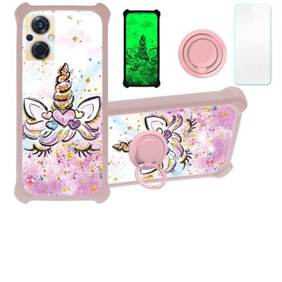 Case for Oppo Reno8 Z 5G Case Compatible with Oppo Reno8 Z 5G Phone Case Cover [with Tempered Glass Screen Protector][PC + TPU 2 in 1][Ring Support] [Gold Glitter+Luminous] JSF-JJS