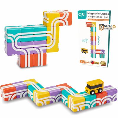 QBI Magnetic Blocks STEM Toys for Toddlers Aged 1+ Year Old Boys & Girls3D Colorful Magnetic Building Blocks with School BusMagnet Block for KidsEducational & Montessori Preschool Kids Toy (13PCS)