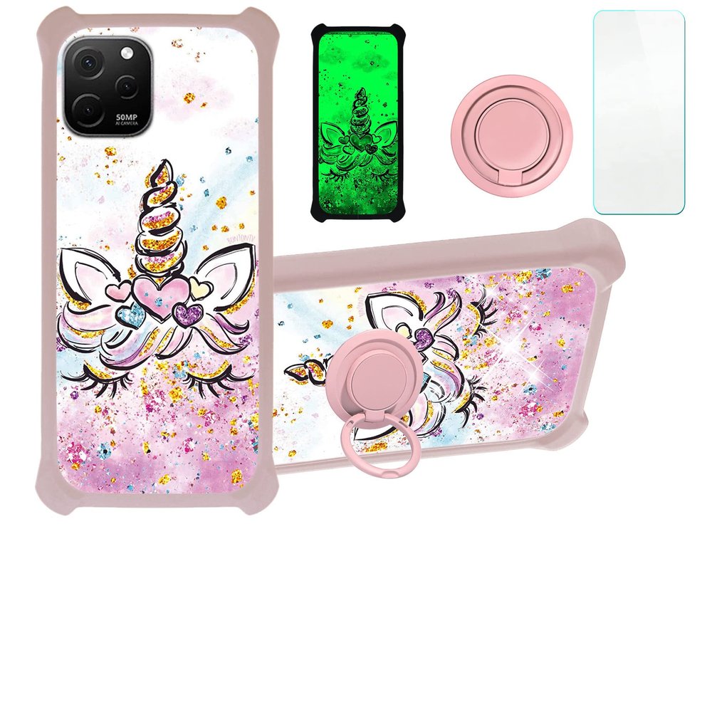 Case for Huawei Nova Y61 Case Compatible with Huawei Nova Y61 Phone Case Cover [with Tempered Glass Screen Protector][PC + TPU 2 in 1][Ring Support] [Gold Glitter+Luminous] JSF-JJS