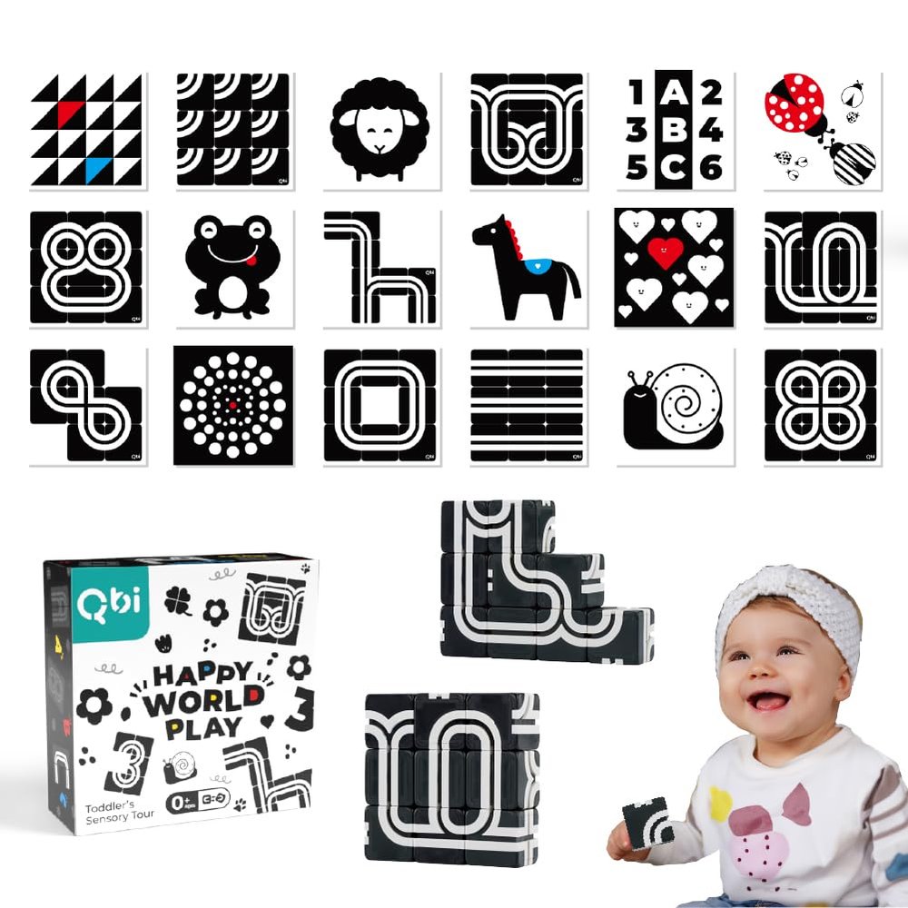 QBI Magnetic Baby Toys 0-6-12 Months | Black and White Baby Cards Newborn Toys High Contrast Flashcards & Magnetic Cubes | Visual Stimulation Montessori | Baby Essentials (9 Pieces)
