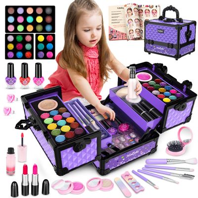 Hollyhi 59Pcs Kids Makeup Kit for Girl, Washable Play Makeup Toys Set for Dress Up, Beauty Vanity Set with Cosmetic Case Birthday Toys for Girls 3 4 5 6 7 8 9 10 11 12 Year Old Kids Toddlers (Purple)
