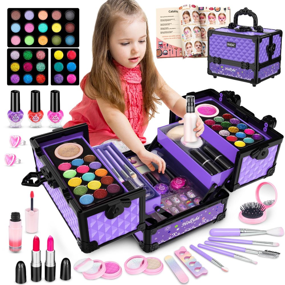 Hollyhi 59Pcs Kids Makeup Kit for Girl, Washable Play Makeup Toys Set for Dress Up, Beauty Vanity Set with Cosmetic Case Birthday Toys for Girls 3 4 5 6 7 8 9 10 11 12 Year Old Kids Toddlers (Purple)