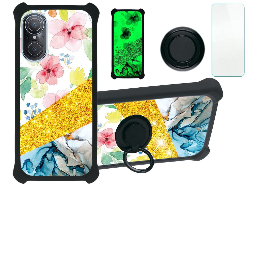 Case for Huawei Nova 9 Se 5g Case Compatible with Huawei Nova 9 Se 5g Phone Case Cover [with Tempered Glass Screen Protector][PC + TPU 2 in 1][Ring Support] [Gold Glitter+Luminous] JSH-SHS