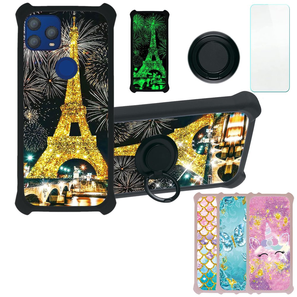 Case for PCD P63L Case Compatible with PCD P63L Phone Case Cover [with Tempered Glass Screen Protector][PC + TPU 2 in 1][Ring Support] [Gold Glitter+Luminous] JSH-TT