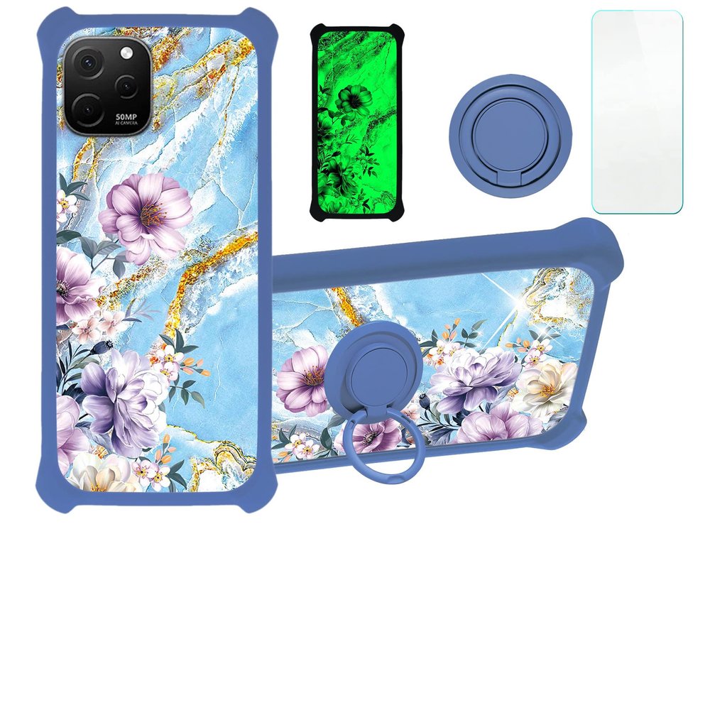 Case for Huawei Nova Y61 Case Compatible with Huawei Nova Y61 Phone Case Cover [with Tempered Glass Screen Protector][PC + TPU 2 in 1][Ring Support] [Gold Glitter+Luminous] JSL-SZH
