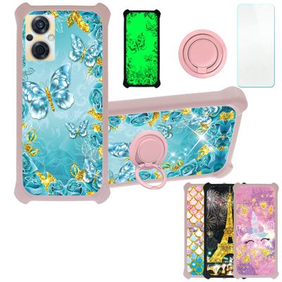Case for Oppo Reno8 Z 5G Case Compatible with Oppo Reno8 Z 5G Phone Case Cover [with Tempered Glass Screen Protector][PC + TPU 2 in 1][Ring Support] [Gold Glitter+Luminous] JSF-YHD