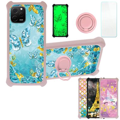 Case for Huawei Nova Y61 Case Compatible with Huawei Nova Y61 Phone Case Cover [with Tempered Glass Screen Protector][PC + TPU 2 in 1][Ring Support] [Gold Glitter+Luminous] JSF-YHD
