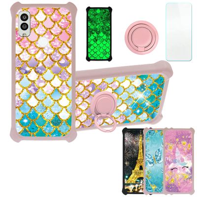 Case for Kyocera Android One S10 Case Compatible with Kyocera Android One S10 Phone Case Cover [with Tempered Glass Screen Protector][PC + TPU 2 in 1][Ring Support] [Gold Glitter+Luminous] JSF-YL