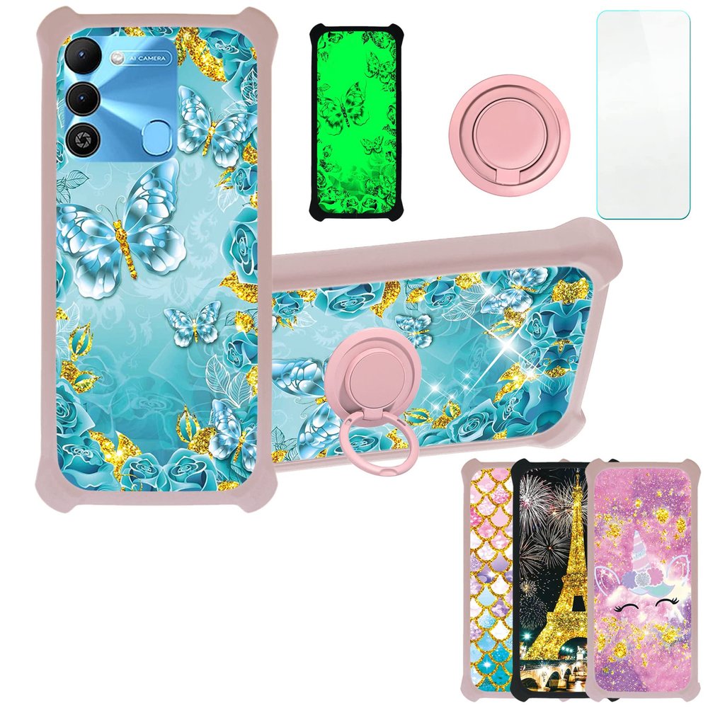 Case for Tecno Spark 9 Case Compatible with Tecno Spark 9 Phone Case Cover [with Tempered Glass Screen Protector][PC + TPU 2 in 1][Ring Support] [Gold Glitter+Luminous] JSF-YHD