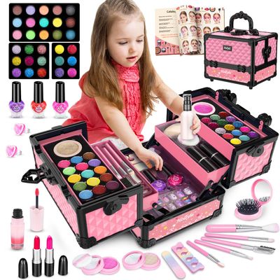 Hollyhi 59Pcs Kids Makeup Kit for Girl, Washable Play Makeup Toys Set for Dress Up, Beauty Vanity Set with Cosmetic Case Birthday Toys for Girls 3 4 5 6 7 8 9 10 11 12 Year Old Kids Toddlers ( Pink )
