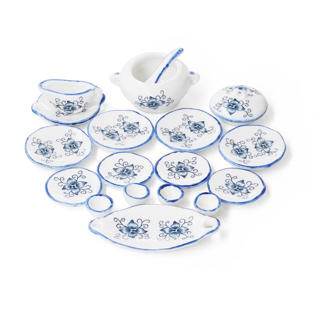Odoria 1/12 Miniature Dish Dinnerware Set 17Pcs Dollhouse Decoration Accessories, Blue Petals