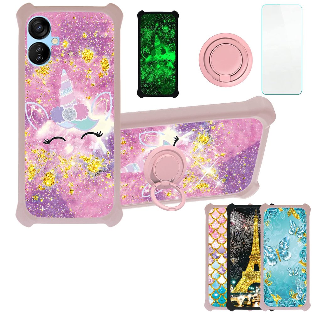 Case for Tecno Spark 9t Case Compatible with Tecno Spark 9t Phone Case Cover [with Tempered Glass Screen Protector][PC + TPU 2 in 1][Ring Support] [Gold Glitter+Luminous] JSF-DJS