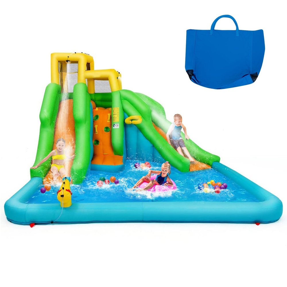 KOTEK Inflatable Water Slide, 6 in 1 Water Park Waterslide Inflatables with Climbing Wall, 2 Long Slides, Splash Pool & Ball Hoop, Outdoor Blow up Water Slides for Kids Backyard Fun (Without Blower)