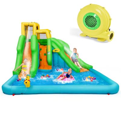 KOTEK Inflatable Water Slide, 6 in 1 Water Park Waterslide Inflatables with Climbing Wall, 2 Long Slides, Splash Pool & Ball Hoop, Outdoor Blow up Water Slides for Kids Backyard Fun (with 480W Blower)