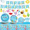 Pool Birthday Party Decorations Tableware Set Beach Table Decorations Supplies Pool Happy Birthday Banner Beach Theme Swirls Plates Napkins Forks Tablecloth for Hawaiian Summer Birthday Party Favors view 1