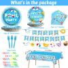 Pool Birthday Party Decorations Tableware Set Beach Table Decorations Supplies Pool Happy Birthday Banner Beach Theme Swirls Plates Napkins Forks Tablecloth for Hawaiian Summer Birthday Party Favors view 2