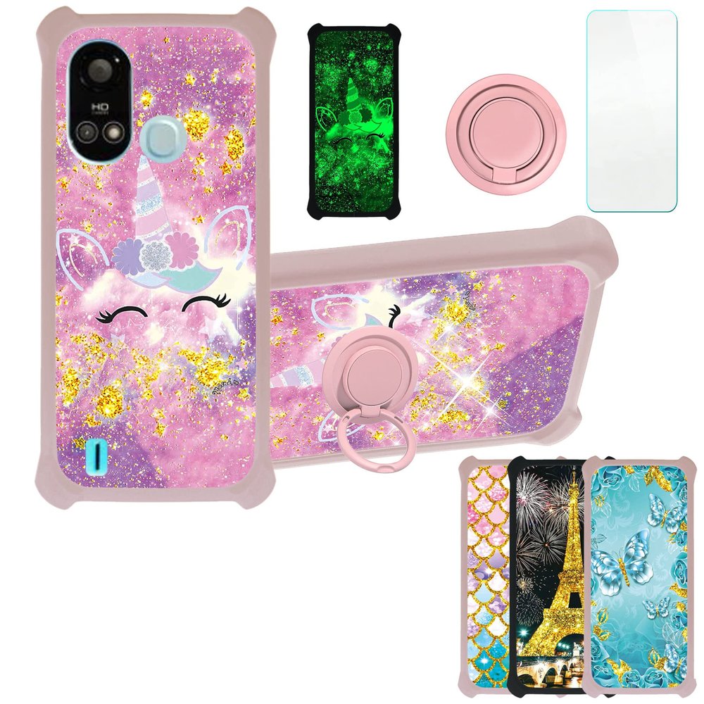 Case for vimoq a49 Play a631ls Case Compatible with vimoq a49 Play a631ls Phone Case Cover [with Tempered Glass Screen Protector][PC + TPU 2 in 1][Ring Support] [Gold Glitter+Luminous] JSF-DJS
