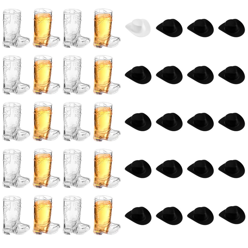 Sumind 40 Pieces Cowboy Cowgirl Party Decorations Supplies Included 20 Pcs Plastic Mini Western Hats Shaped Cup Lids and 20 Pcs 1 oz Miniature Cowboy Boot Shot Shaped Wine Glasses
