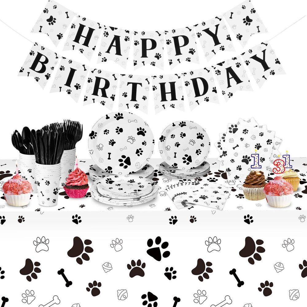 Tanlade 171 Pcs Black Dog Paw Pattern Birthday Party Supplies Set Serves 24
