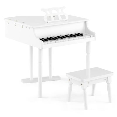 Goplus 30-Key Classical Kids Piano, Mini Grand Piano Wooden Learn-to-Play Musical Instrument Toy with Bench, Piano Lid, Music Rack, Gift for Boys Girls Aged 2+ Baby Toddler(3 Straight Leg-White)