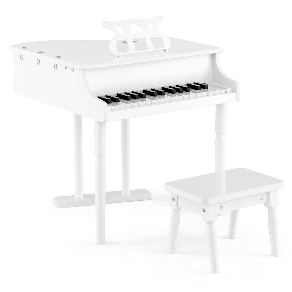 Goplus 30-Key Classical Kids Piano, Mini Grand Piano Wooden Learn-to-Play Musical Instrument Toy with Bench, Piano Lid, Music Rack, Gift for Boys Girls Aged 2+ Baby Toddler(3 Straight Leg-White)