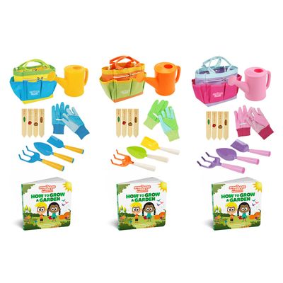 Kids Gardening Tool Set Bundle Includes 3 Color Variations (Pink, Blue.Orange) and a Delightful How to Garden Tale Board Book in Each Toy Set