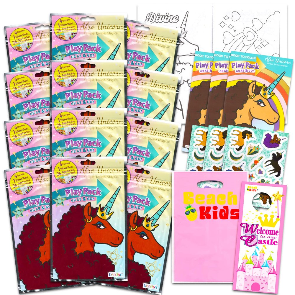 Afro Unicorn Birthday Party Favors - 24 Pack Bundle with Afro Unicorn Grab n Go Play Packs and Beach Kids Loot Bags