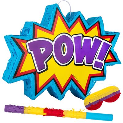 ArtCreativity Pow Superhero Piata Pow Pinata for Kids with Blindfold & Stick Easy-to-Fill Piata for Birthday Party, Superhero Party Decorations, and Fun Super Hero Party Supplies