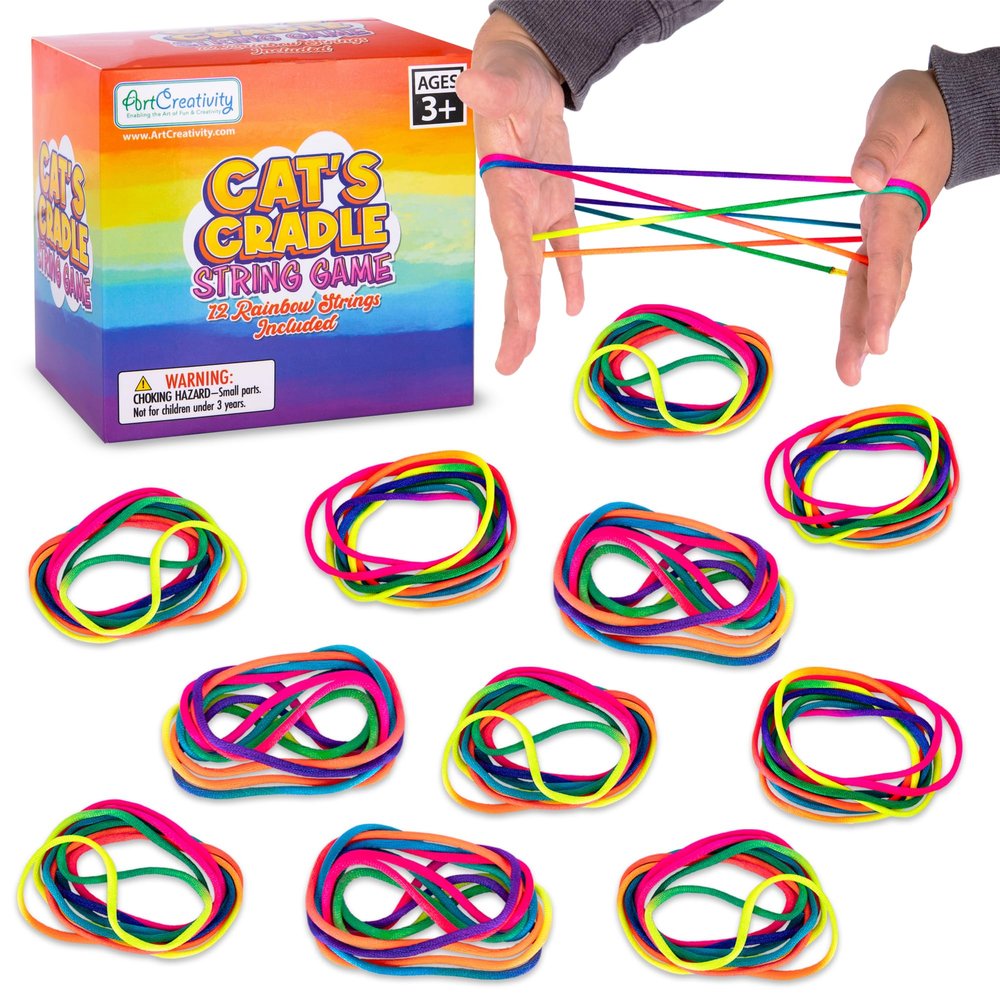ArtCreativity Set of 12 Cats Cradle String Game - 63 Inch Looped Strings for Kids - Vintage Fidget Toys & Retro Puzzle Game - Colorful Strings in Yellow, Green, Purple, Pink, Blue - Ages 5+
