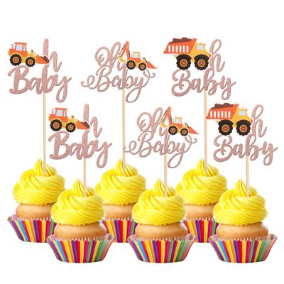 24 PCS Construction Oh Baby Cupcake Toppers Glitter Truck Excavator Tractor Baby Shower Construction Cupcake Picks for Construction Theme Kids Birthday Party Cake Decorations Supplies Rose Gold