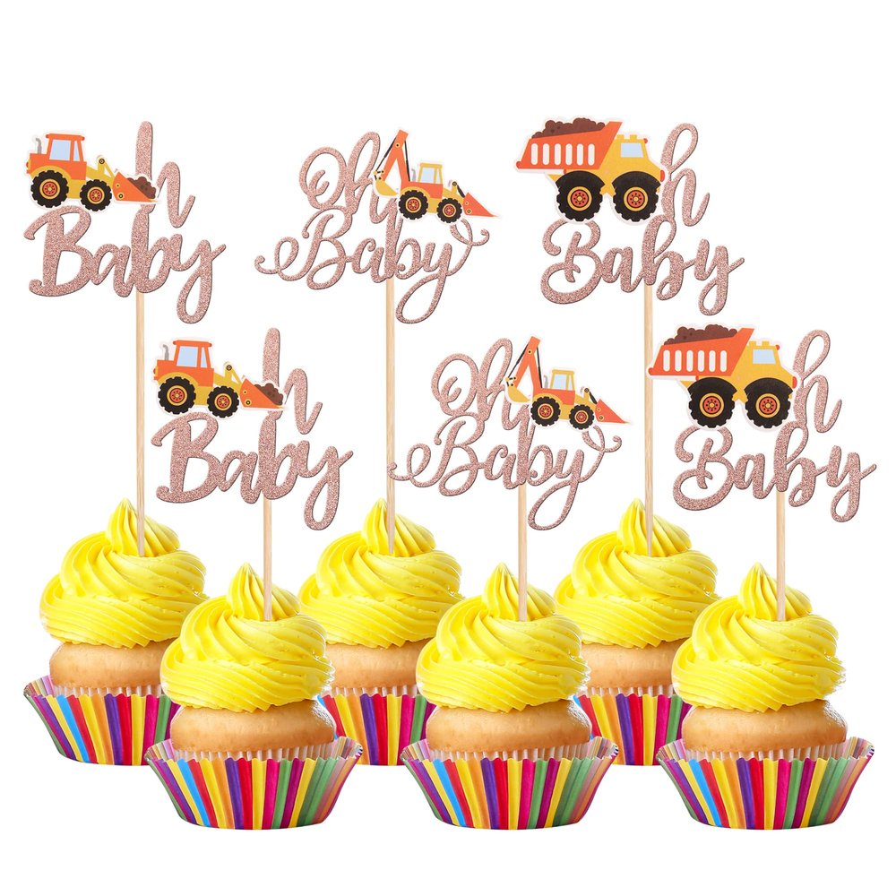 24 PCS Construction Oh Baby Cupcake Toppers Glitter Truck Excavator Tractor Baby Shower Construction Cupcake Picks for Construction Theme Kids Birthday Party Cake Decorations Supplies Rose Gold