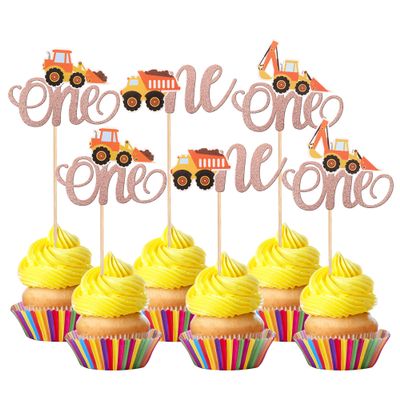 24 PCS Construction One Cupcake Toppers Glitter Truck Excavator Tractor 1st Birthday Cupcake Picks Construction Cake Decorations for Baby Shower Kids First Birthday Party Supplies Rose Gold