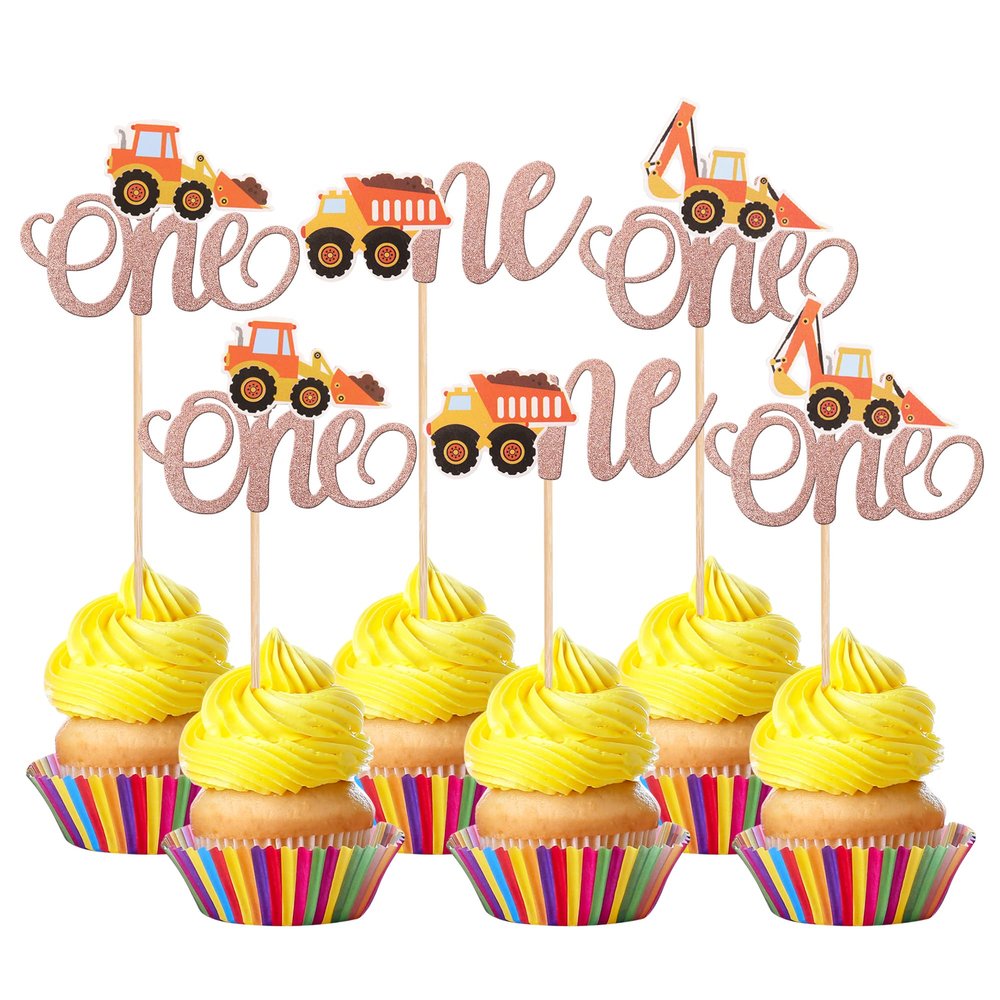 24 PCS Construction One Cupcake Toppers Glitter Truck Excavator Tractor 1st Birthday Cupcake Picks Construction Cake Decorations for Baby Shower Kids First Birthday Party Supplies Rose Gold