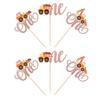 24 PCS Construction One Cupcake Toppers Glitter Truck Excavator Tractor 1st Birthday Cupcake Picks Construction Cake Decorations for Baby Shower Kids First Birthday Party Supplies Rose Gold view 3