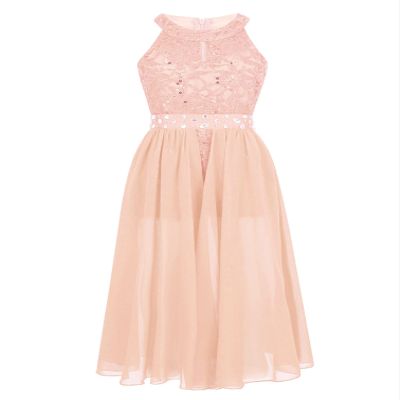 Agoky Kids Flower Girls Floral Lace Romper Dress Halter Neck Rhinestone Belt Bridesmaid Wedding Party Ball Gown Costume Coral 14 Years